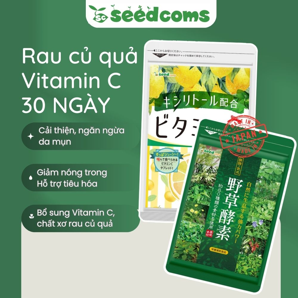 Combo Viên uống Seedcoms Giảm nóng trong - Sáng da 30 ngày (Rau củ quả 30 viên & Vitamin C 90 viên) - Seedcoms