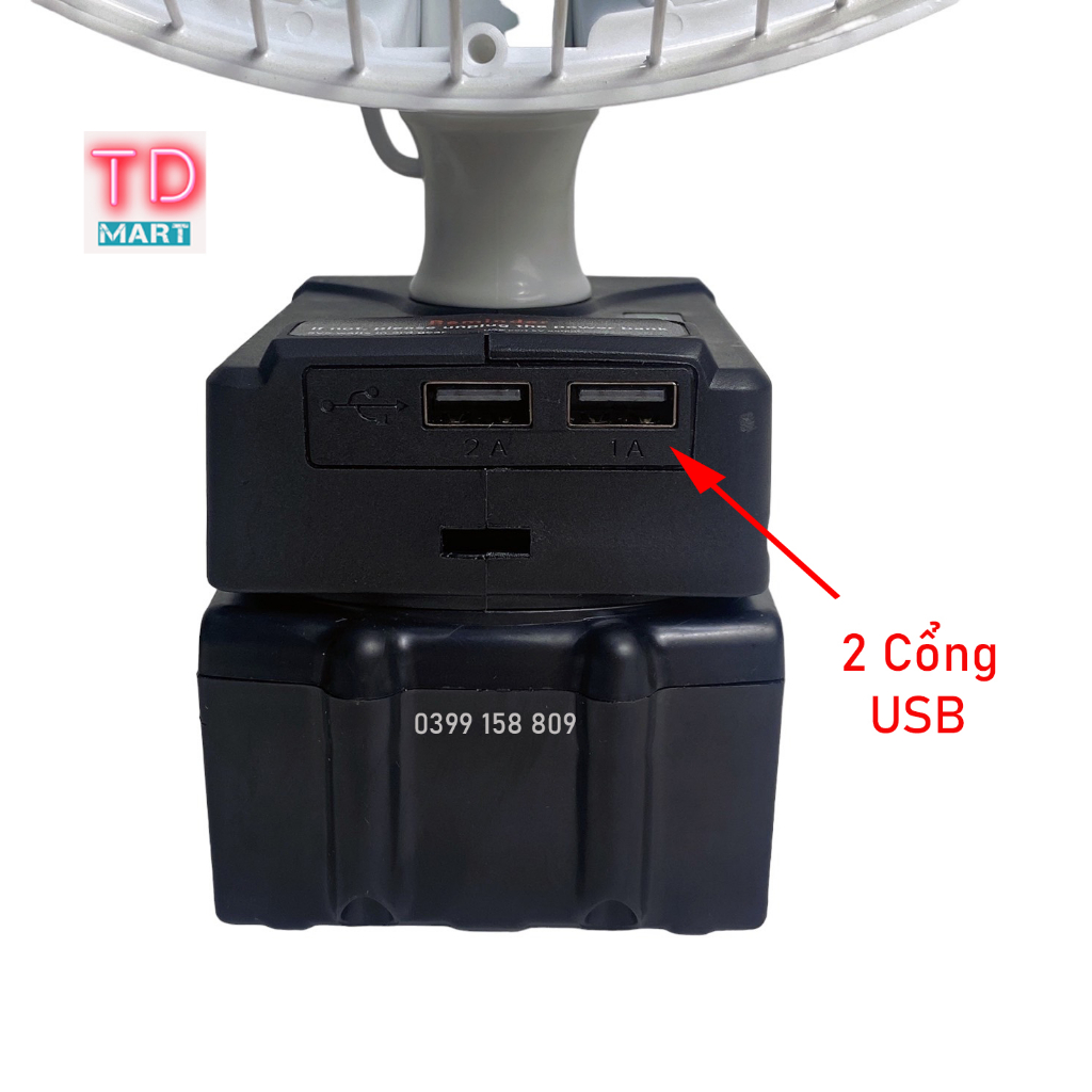 Quạt 8 inch dùng chung chân pin Makita phổ thông, động cơ k chổi than Có cổng sạc USB.