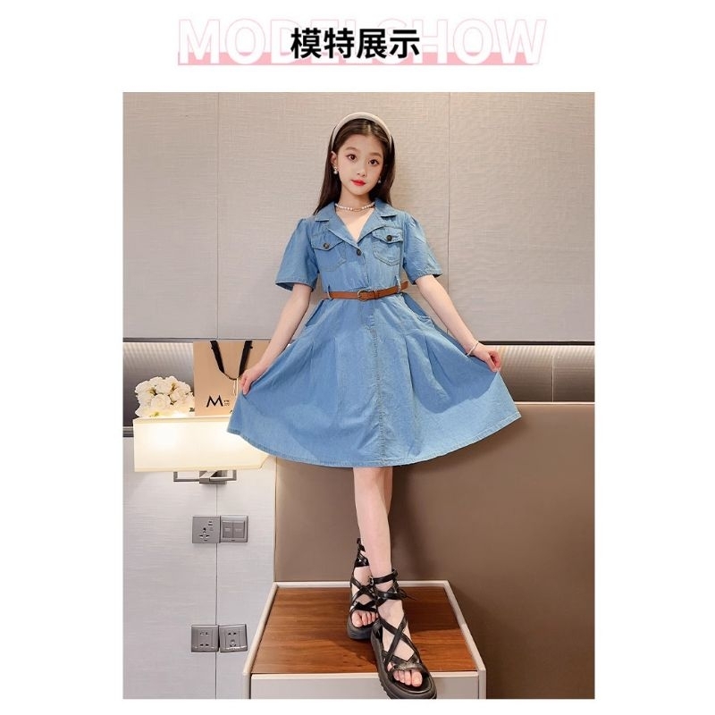 Đầm Jean, Váy jean cổ sơ mi phong cách cho bé gái Chất liệu bò giấy mềm mát