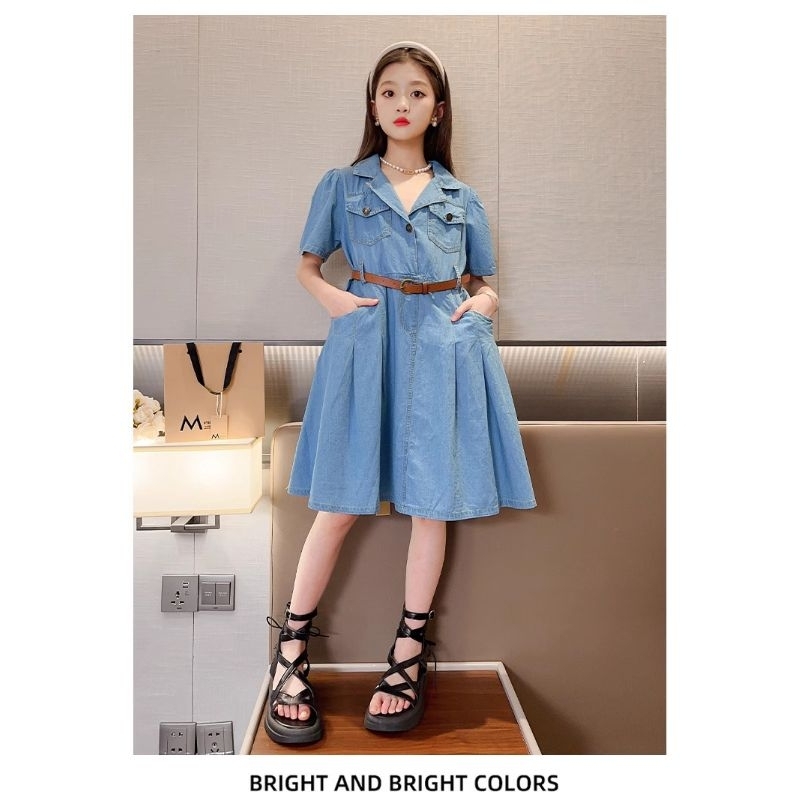 Đầm Jean, Váy jean cổ sơ mi phong cách cho bé gái Chất liệu bò giấy mềm mát