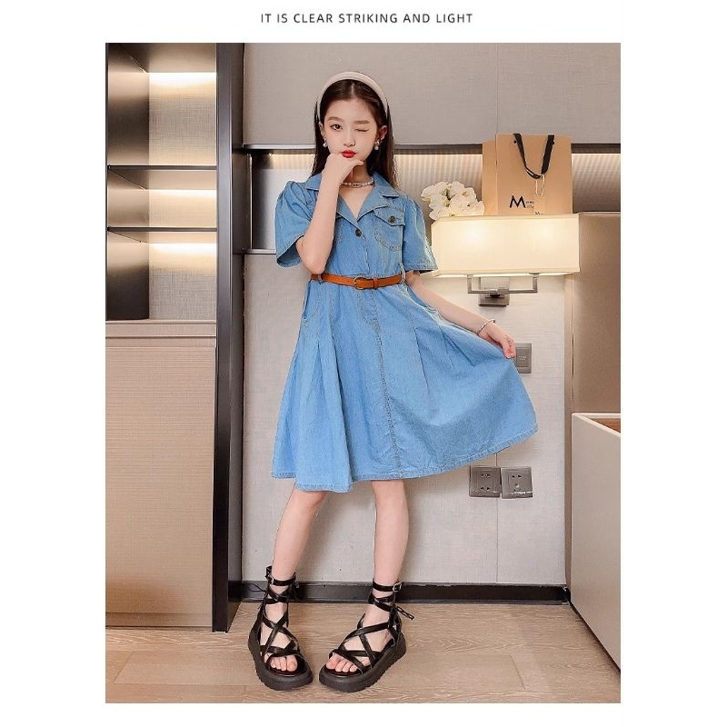 Đầm Jean, Váy jean cổ sơ mi phong cách cho bé gái Chất liệu bò giấy mềm mát