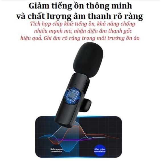 Micro thu âm không dây, micro cài áo 2 mic K9, mic thu âm, livestream, quay video, micro thu âm khử tiếng ồn cao cấp | BigBuy360 - bigbuy360.vn