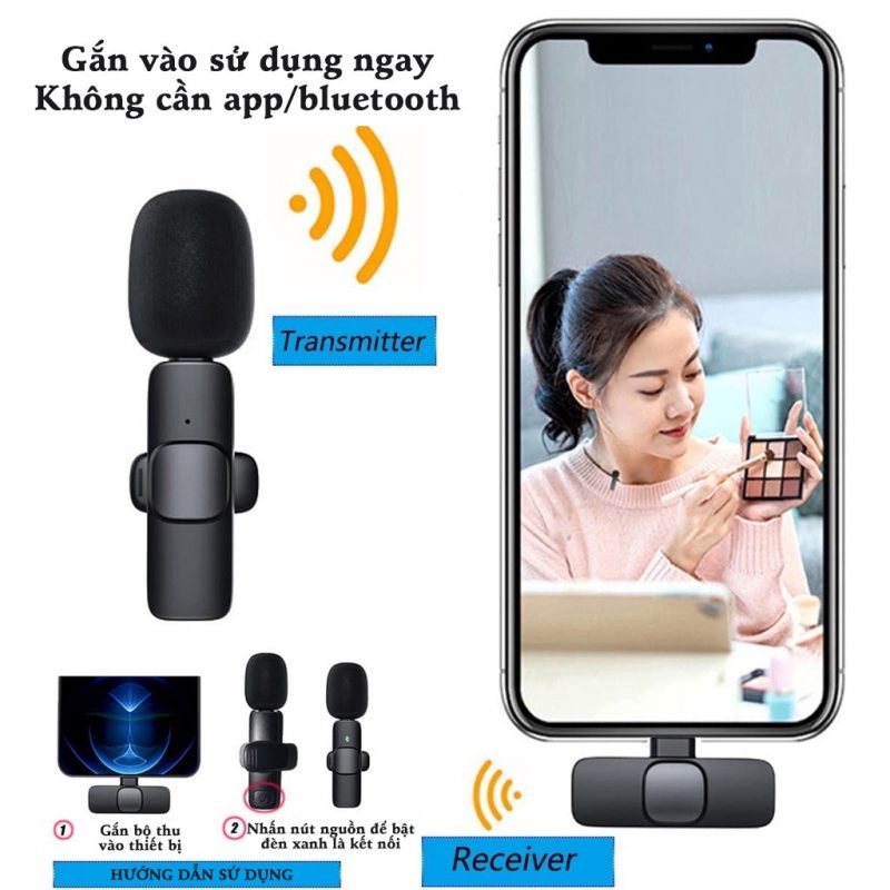 Micro thu âm không dây, micro cài áo 2 mic K9, mic thu âm, livestream, quay video, micro thu âm khử tiếng ồn cao cấp | BigBuy360 - bigbuy360.vn