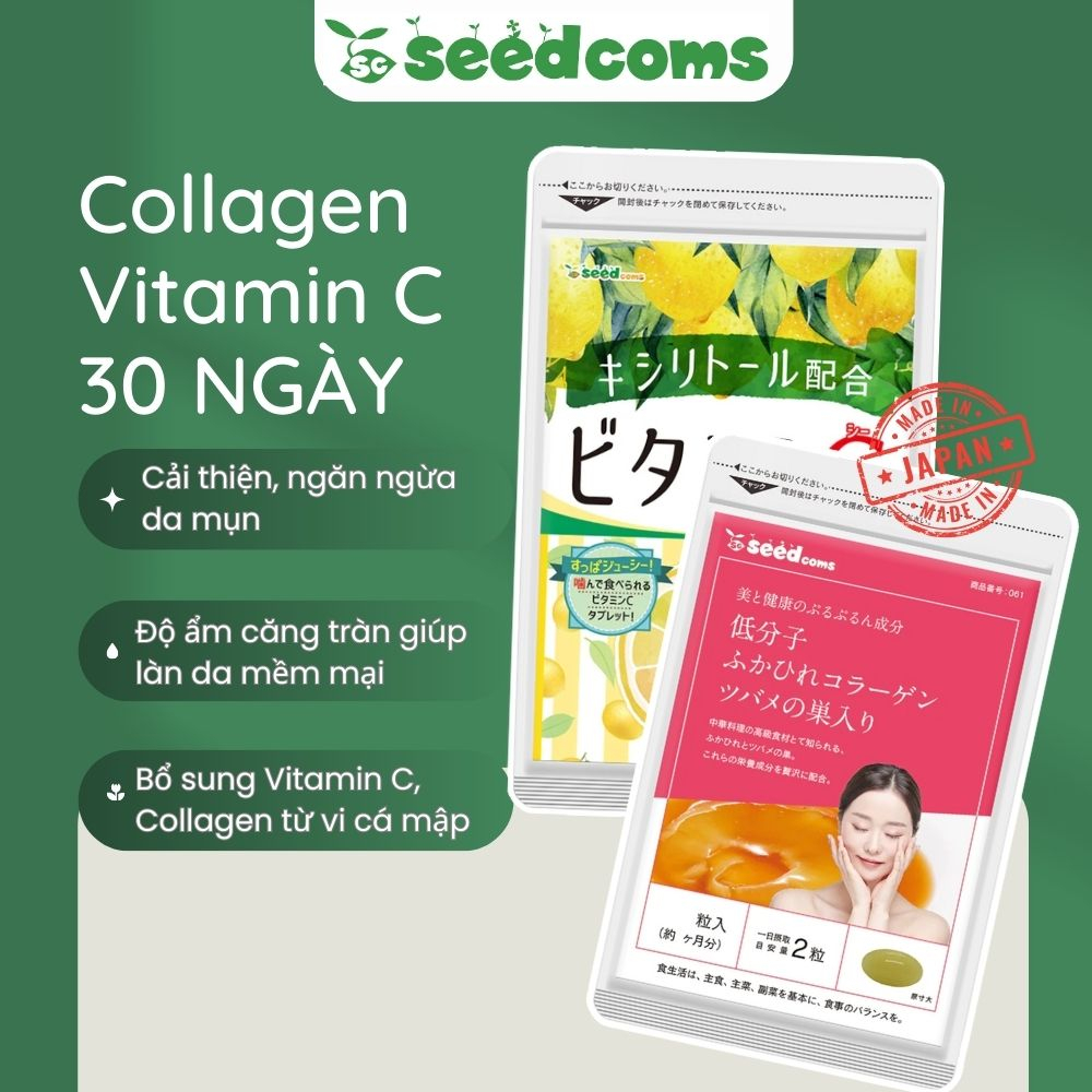 Combo Viên uống Seedcoms Làm sáng - Đẹp da 30 ngày (Collagen 60 viên & Vitamin C 90 viên) - Seedcoms