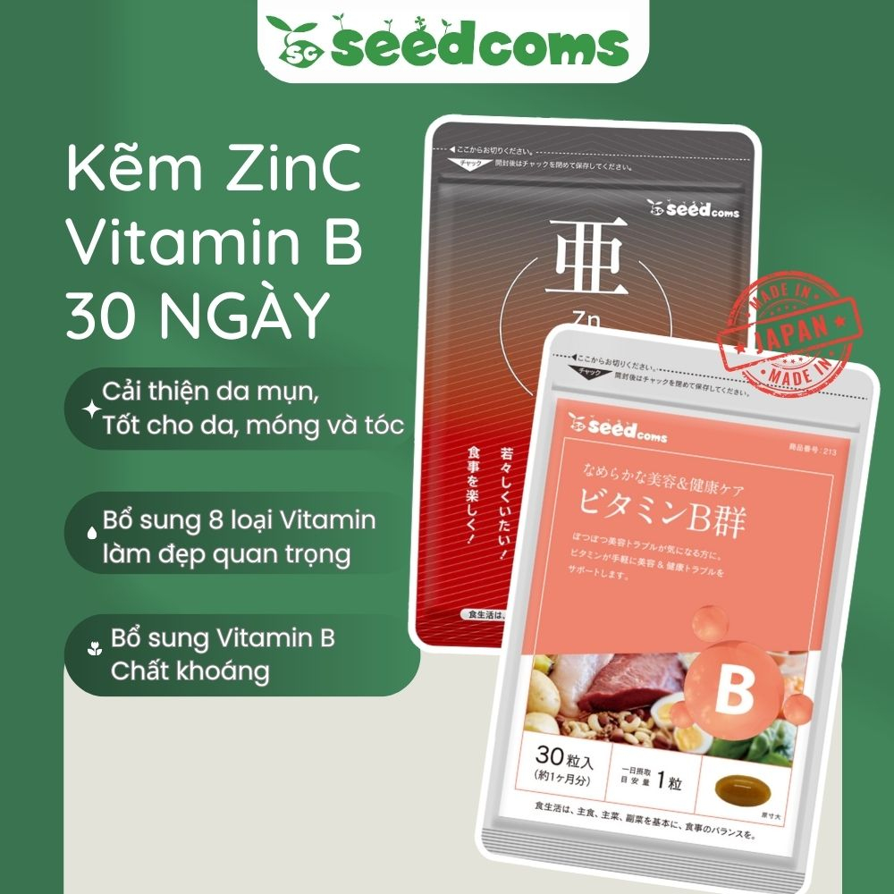 Combo Viên Uống Seedcoms Tóc Chắc Khoẻ - Giảm Gãy Rụng 30 Ngày (Kẽm 30 viên & Vitamin B 30 viên) - Seedcoms