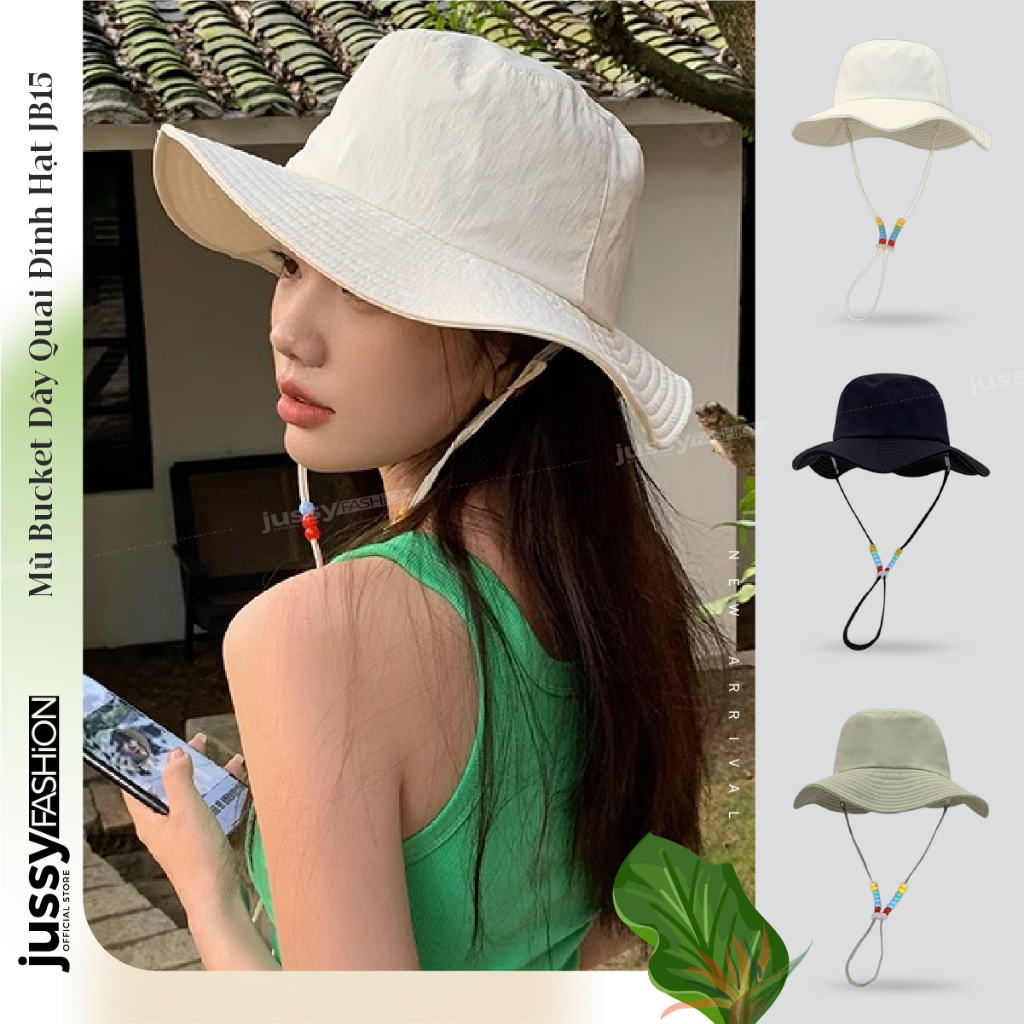 Mũ Bucket Có Dây Quai Nón Đính Hạt Xinh Xắn JB15 Jussy Fashion Nón Tai Bèo Camping Chất Vải Dù Trượt Nước Có Lớp Lót