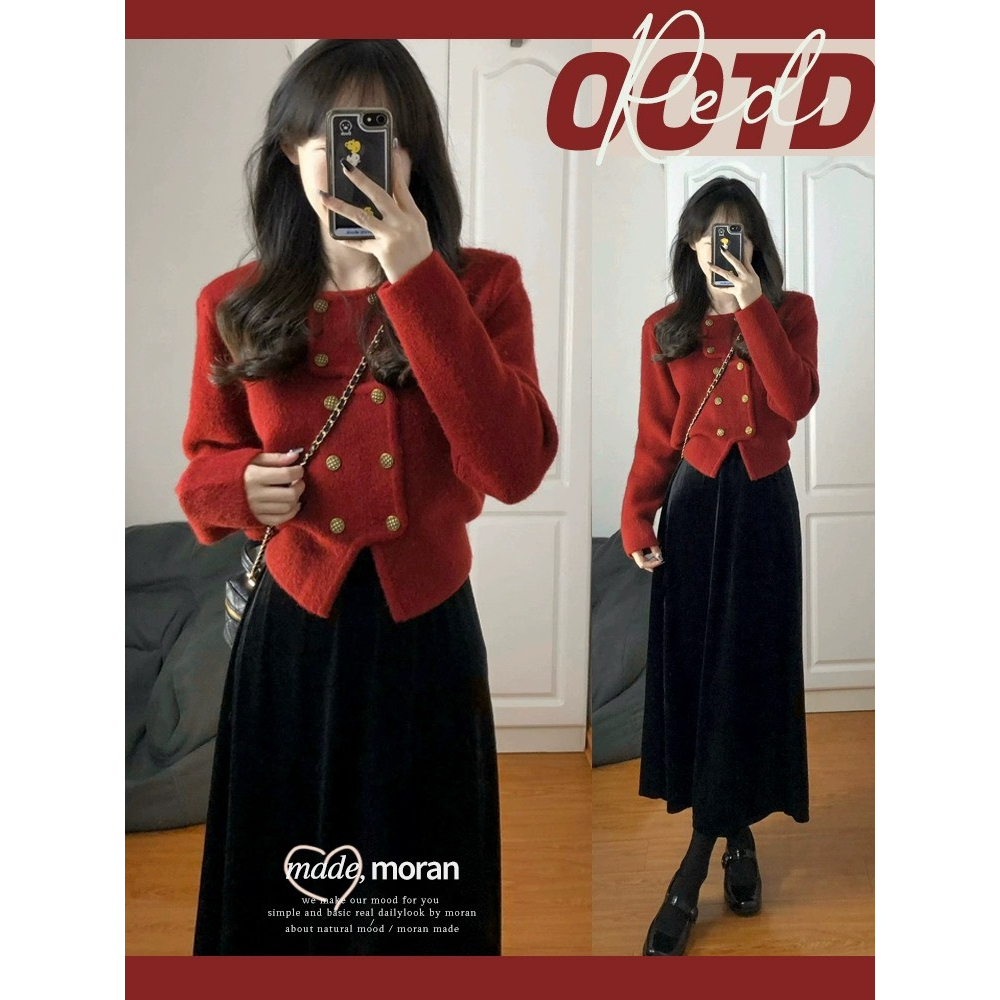 (ORDER) Set áo len MORAN màu đỏ cài khuy 2 hàng bo eo + Chân váy đen xòe dài vintage kiểu Pháp