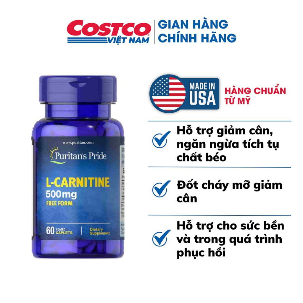 Viên uống Puritan's Pride L-Carnitine 500mg 60 viên hỗ trợ giảm cân, ngăn ngừa tích tụ chất béo của Mỹ