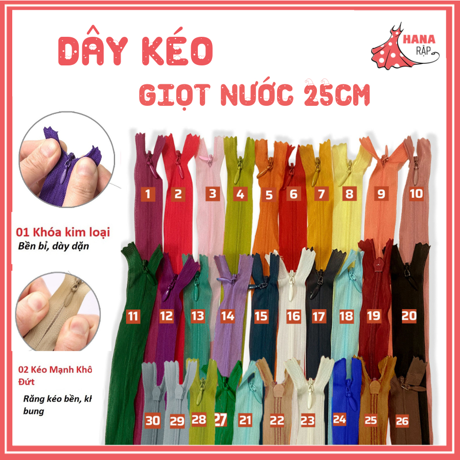 Dây kéo giọt nước đủ màu 25cm chất liệu cao cấp | Rập giấy Hana