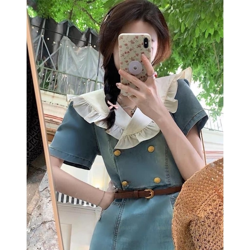 ĐẦM JEAN KÈM NỊT CỔ PHỐI