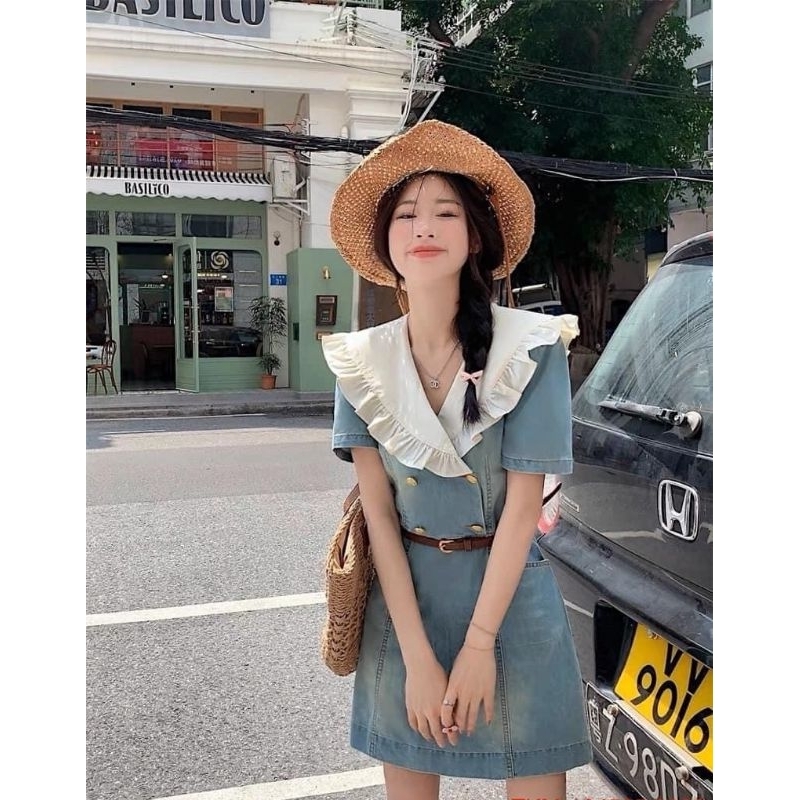 ĐẦM JEAN KÈM NỊT CỔ PHỐI