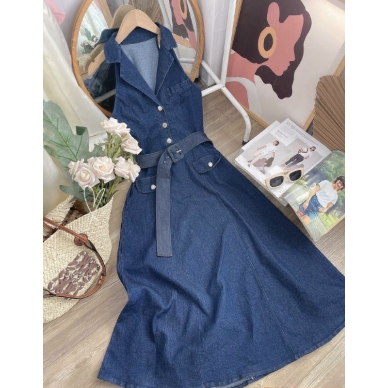 ĐẦM JEAN CỔ YẾM KÈM BELT