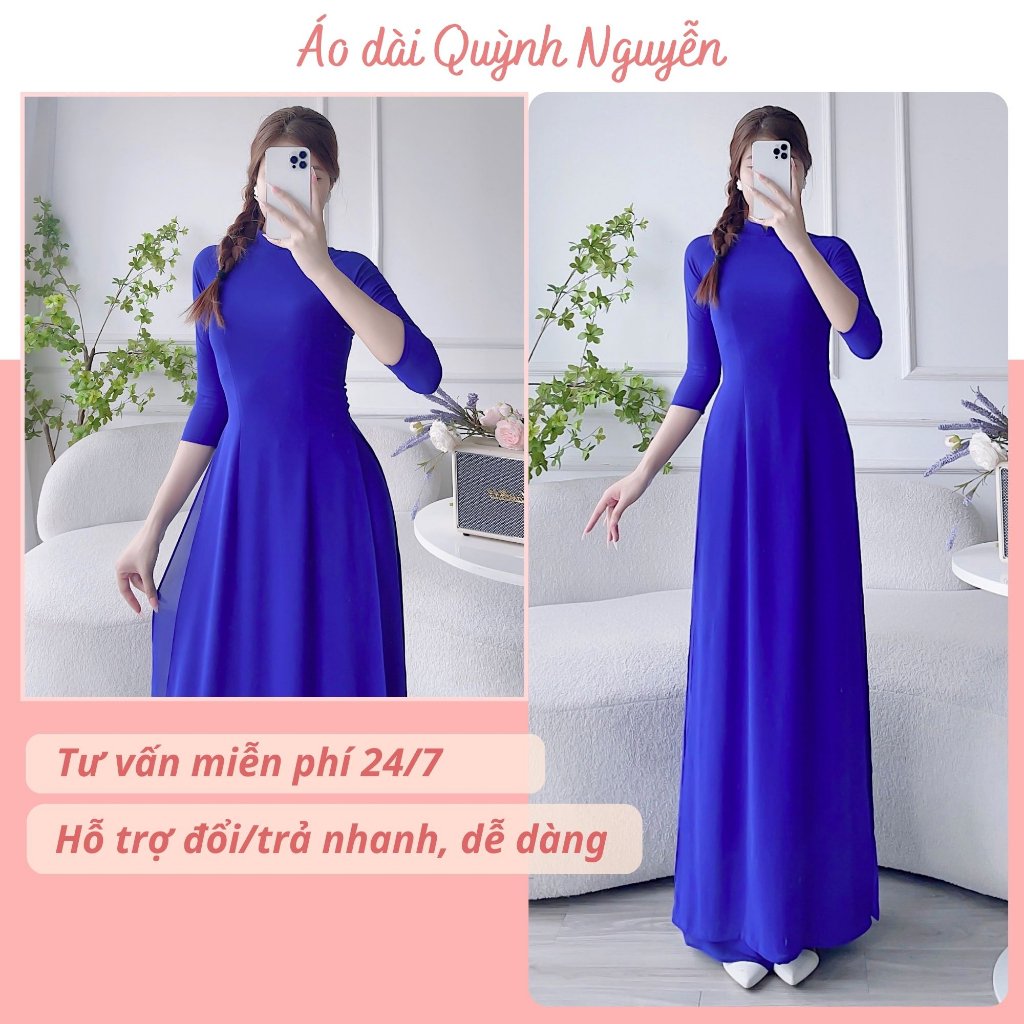 Áo Dài, Áo Dài Trơn Xanh Coban Áo Dài Truyền Thống Cổ Cao 4 Tà Lụa Chi Phông Mã T25