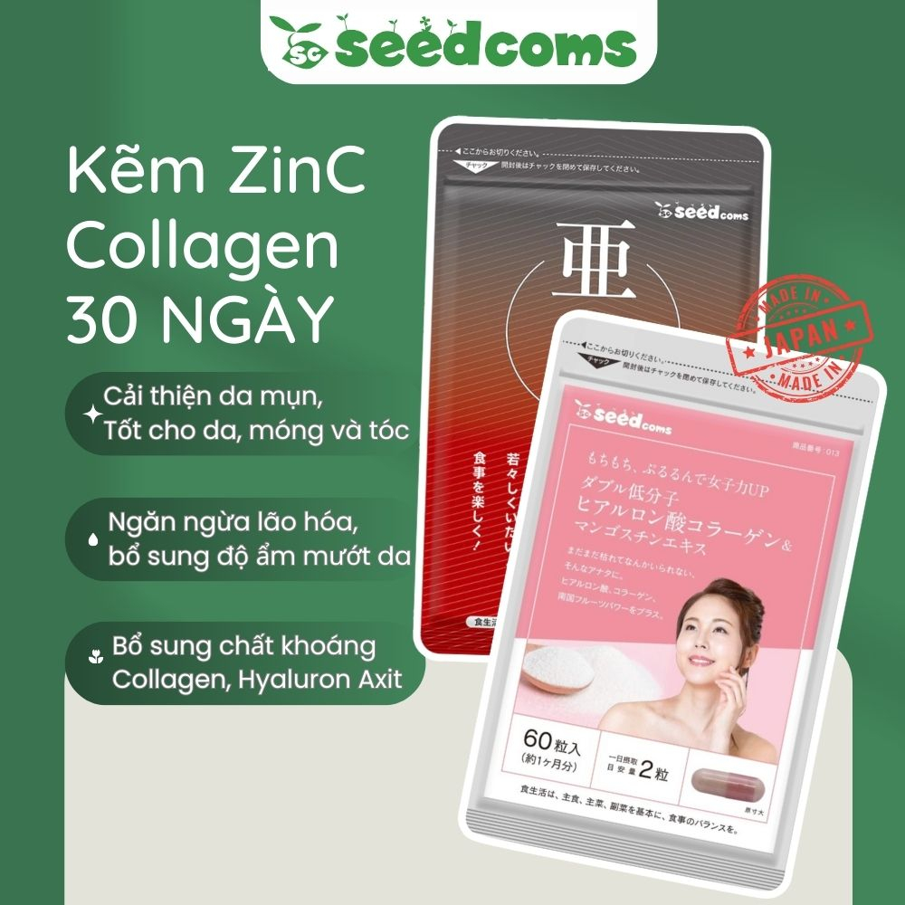 Combo Viên uống Seedcoms Đóng Băng Lão Hoá 30 Ngày (Kẽm 30 viên & Collagen 60 viên) - Seedcoms