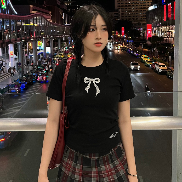 Áo thun baby tee Bé Nơ Lấp Lánh Kill System chất thun co giãn màu đen