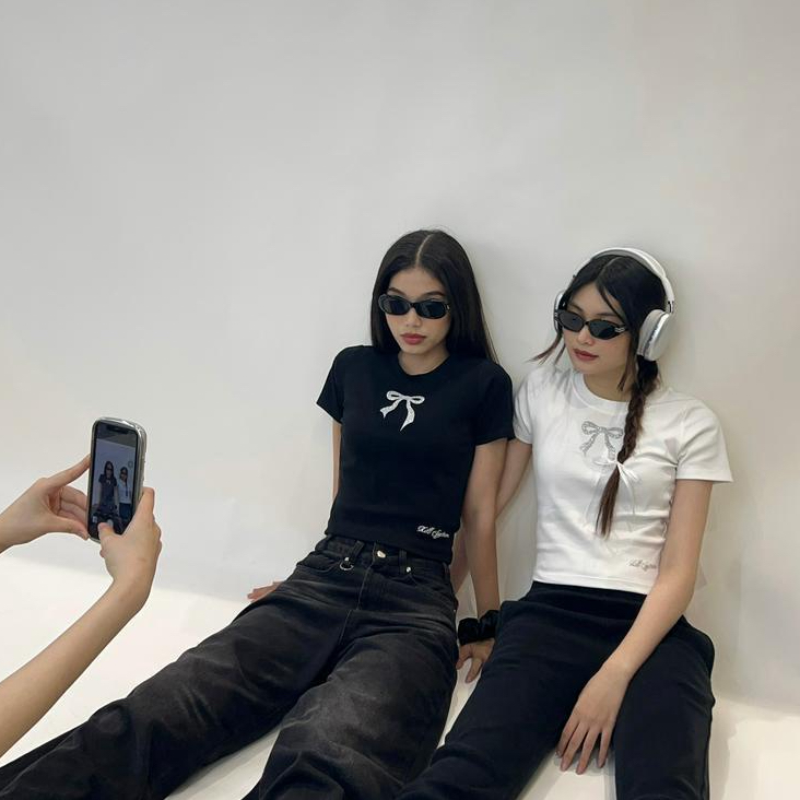 Áo thun baby tee Bé Nơ Lấp Lánh Kill System chất thun co giãn màu đen