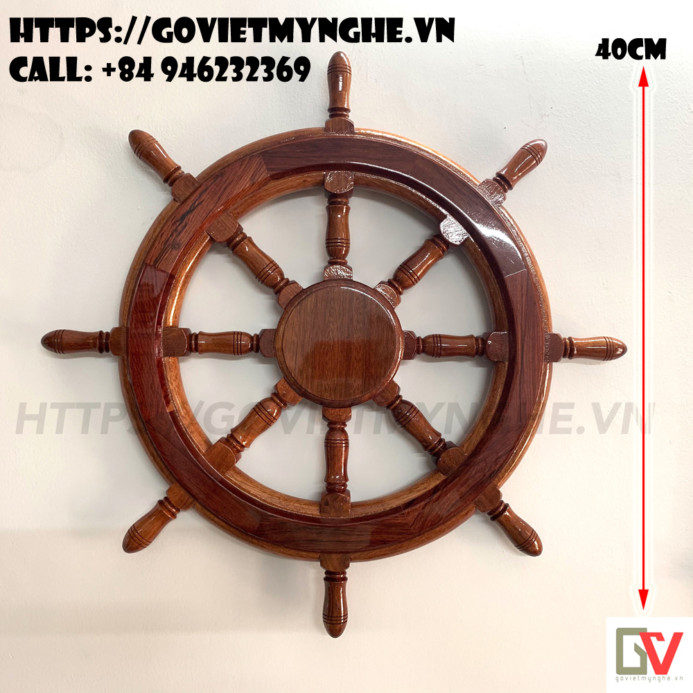 Mô hình bánh lái tàu gỗ trang trí treo tường - Vô lăng tàu gỗ trang trí Ø40cm - Gỗ căm xe tự nhiên