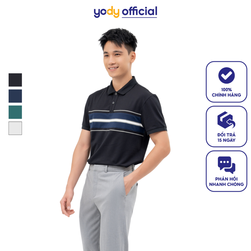 Áo Polo Nam Yody mắt chim in kẻ ngang ngực chất liệu cotton mềm mịn thoáng mát thấm hút APM6255