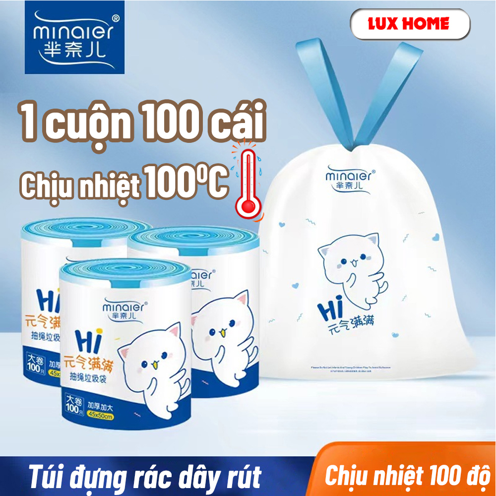 Túi đựng rác dây rút Minaier chống rò rỉ nước, không sợ bẩn tay, Túi đựng rác cuộn 100 túi siêu dai kích thước 45*50cm