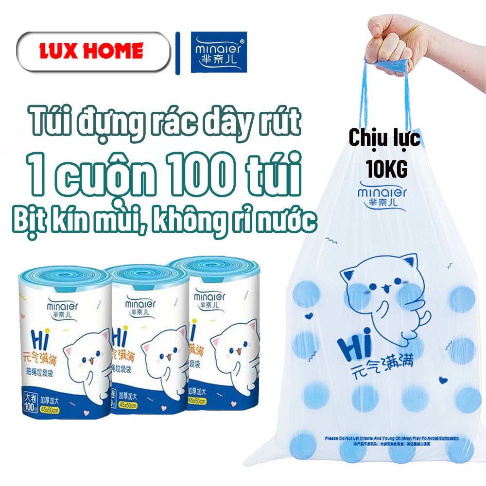 Túi đựng rác dây rút Minaier chống rò rỉ nước, không sợ bẩn tay | Túi đựng rác cuộn 100 túi siêu dai kích thước 45*50cm
