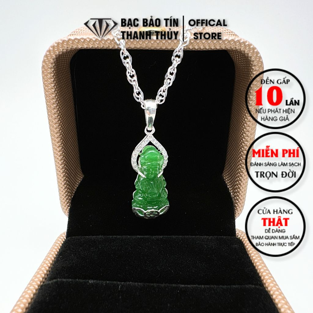 Mặt dây chuyền bạc nữ phật đá mã não xanh bọc bạc viền gắn đá Cz trắng Bảo Tín Thanh Thủy, chất liệu bạc ta nguyên chất