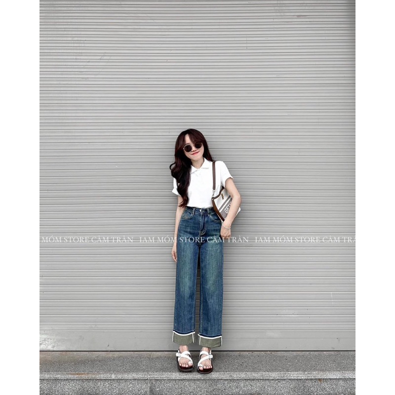 Quần jeans ống đứng gấp gấu phối viền hàng chuẩn QC loại 1 ảnh thật - sẵn