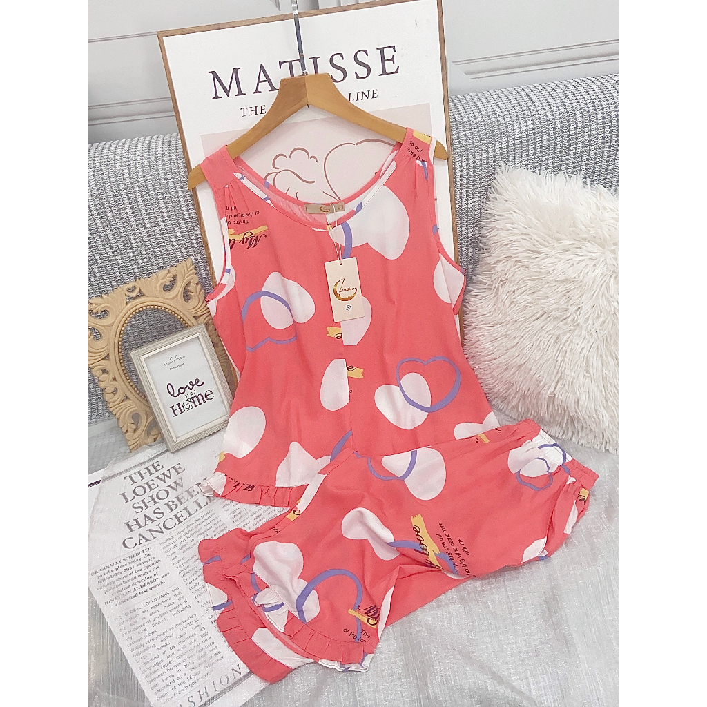 Bộ đồ ngủ mặc nhà Chillwear dáng áo gile quần ngố họa tiết trẻ trung năng động họa tiết tình tim dễ thương