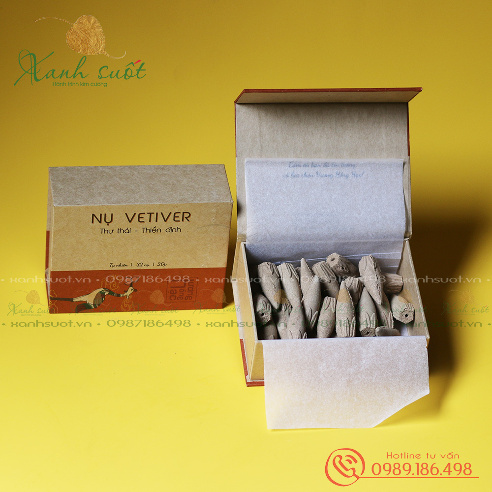 Nụ Hương Hồng Hạc từ Cỏ Vetiver15 tháng tuổi- Hộp đẹp 32 nụ- Hương thơm ngọt ấm - Thanh nhẹ - Thư thái - Xanh Suốt SG