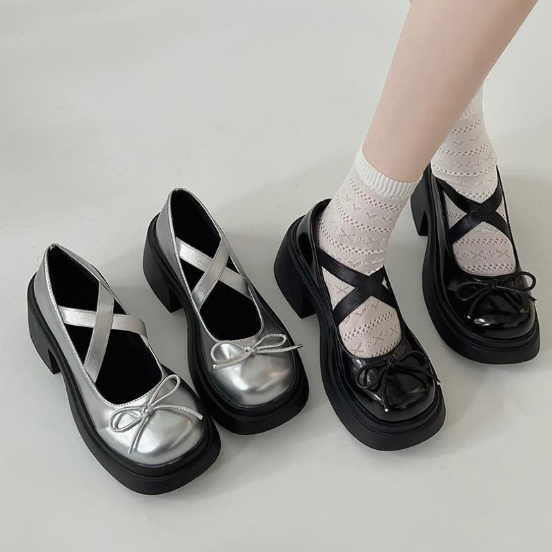 GIÀY BÚP BÊ A43 ĐẾ CAO 7CM MÀU BẠC QUAI CHÉO PHỐI NƠN