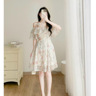 Đầm thời trang nữ dự tiệc chất voan hoa có mút cổ dây đính nơ hoa trễ vai phối bèo ngực dáng váy dài xoè midi 2 lớp