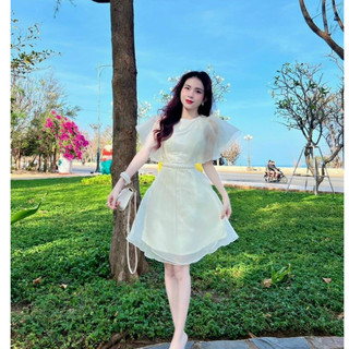 Đầm thời trang nữ dự tiệc chất voan tay bèo 2 lớp cổ tròn có mút dáng váy dài xoè 2 lớp mini sang trọng