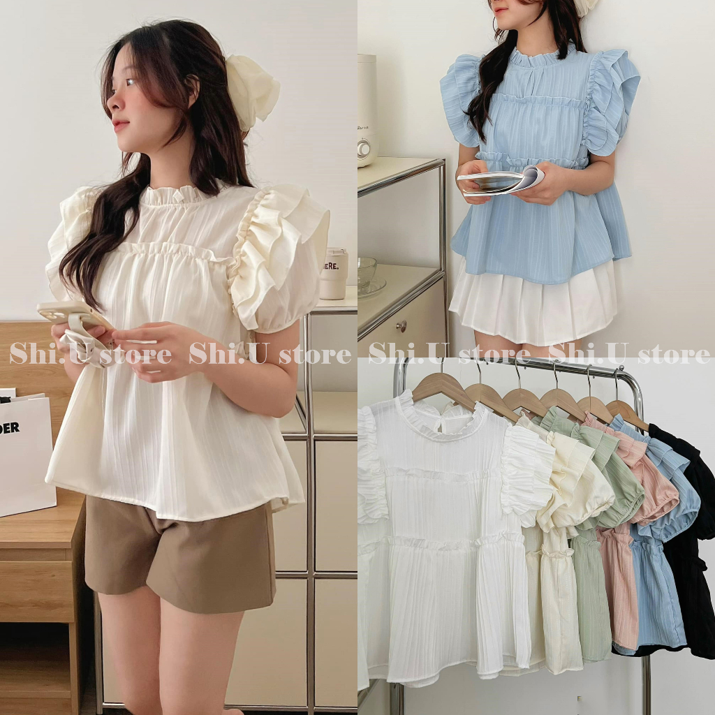 Áo babydoll cổ bèo nhún tay cánh tiên chất đũi gân xinh xắn