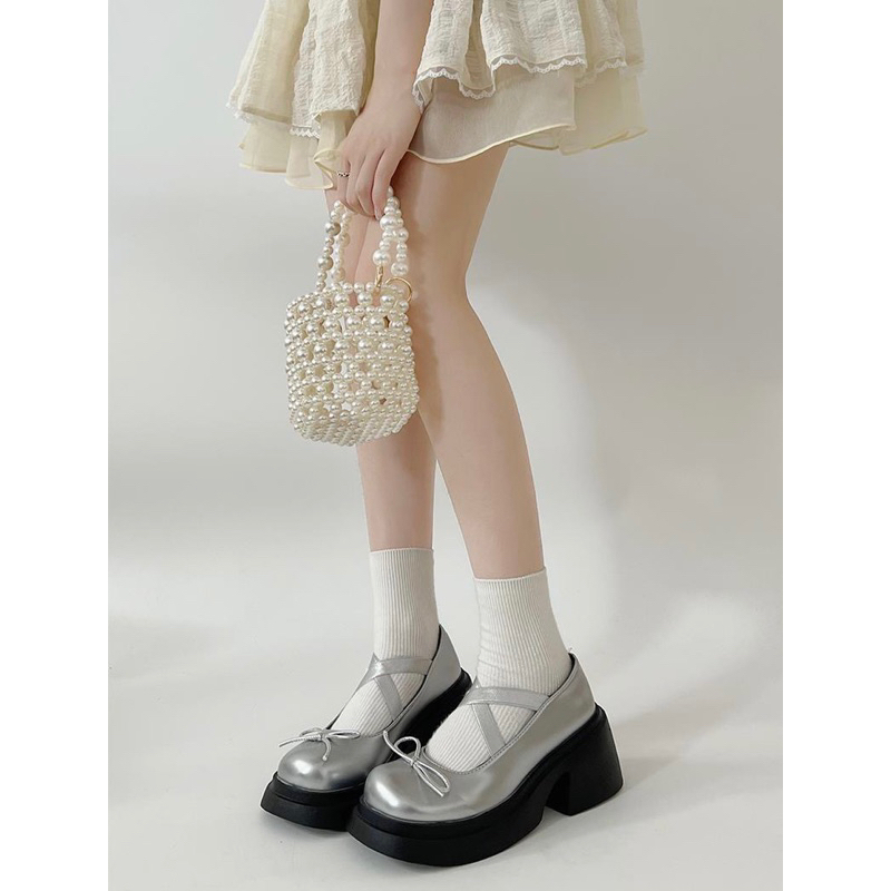 GIÀY BÚP BÊ A43 ĐẾ CAO 7CM MÀU BẠC QUAI CHÉO PHỐI NƠN