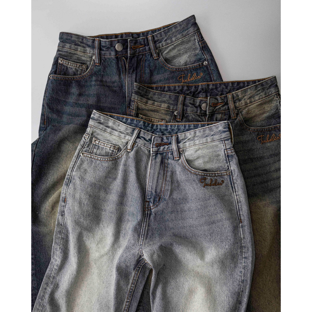 Quần jean unisex nam nữ y2k màu xanh wash vàng chanh vải dày đứng form teeholic