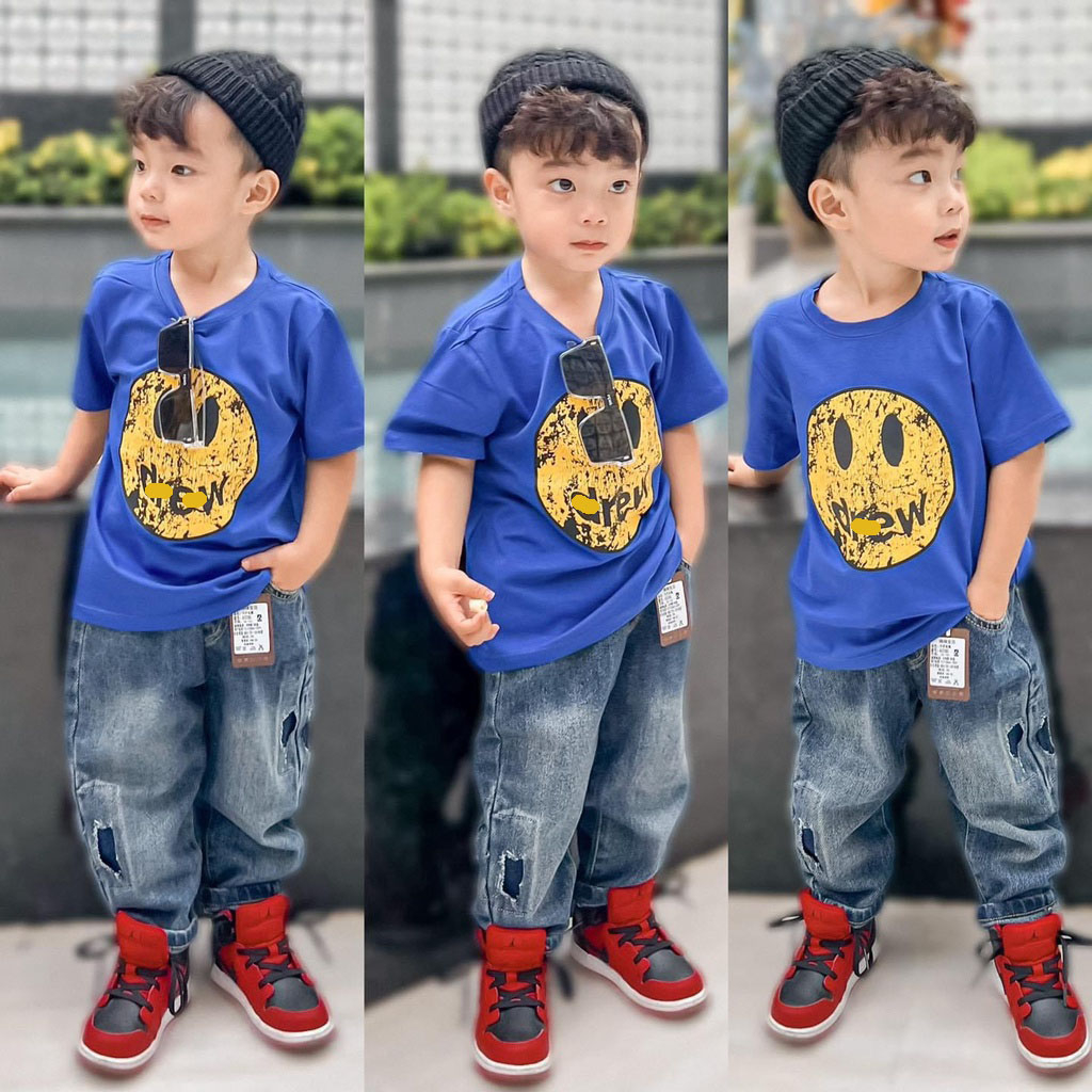 Áo thun tay lỡ mặt cười faded drreeưw cho bé và gia đình , áo phông cổ tròn unisex , TP KIDs