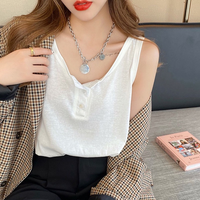 Áo ba lỗ nữ có nút cotton co giãn thoáng mát basic phù hợp cho ngày hè nắng nóng áo sát nách cút cài bán chạy giá rẻ