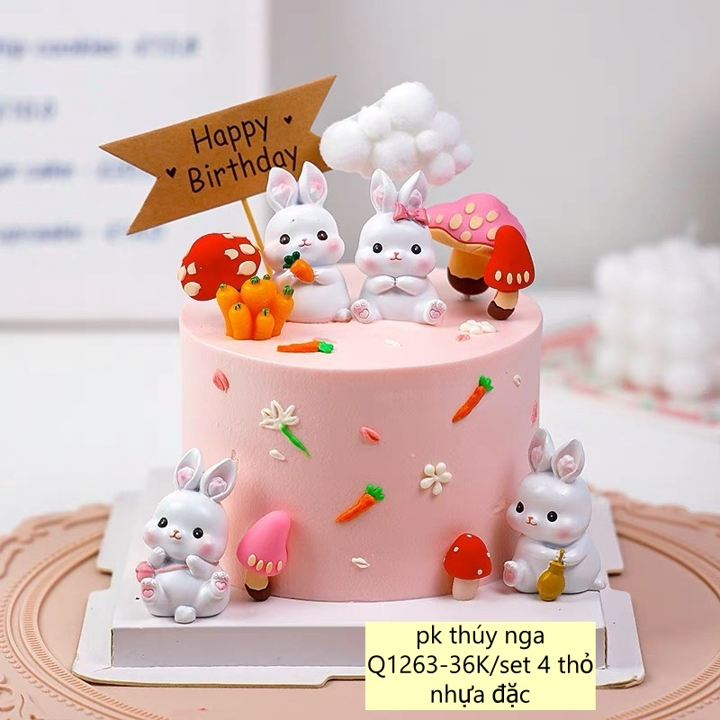 Set 4 Tượng Thỏ Nhựa Đặc Trang Trí Bánh Kem-Q1263