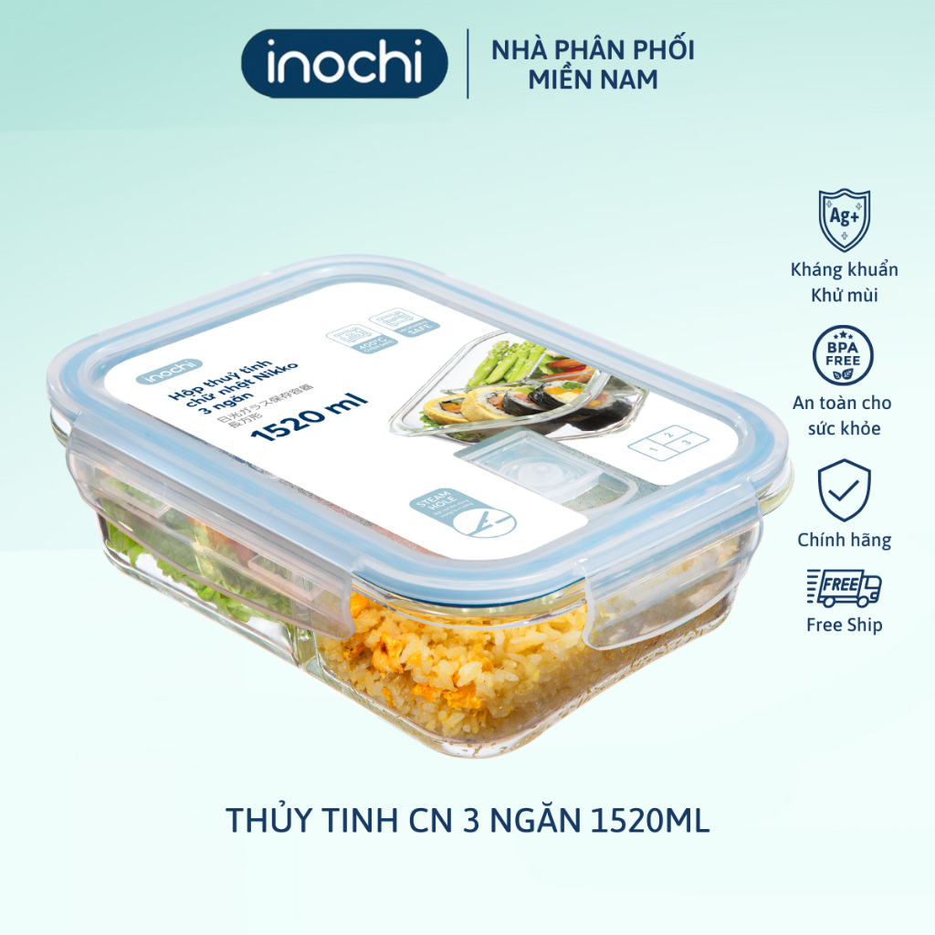 Hộp thủy tinh chữ nhật 3 ngăn 1520 ml, đựng thức ăn văn phòng, thực phẩm, chịu nhiệt 400 độ C