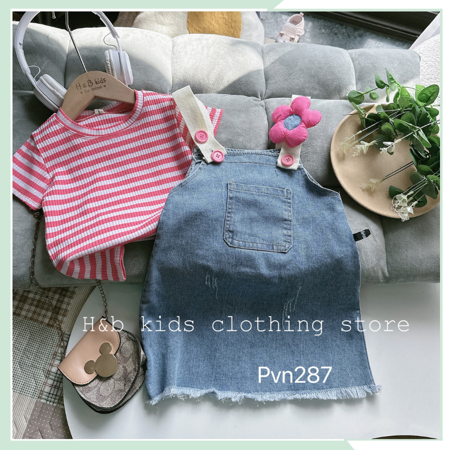 Bộ yếm bò kèm áo kẻ tăm dệt cho bé gái, set bộ mùa hè váy bò hai dây kèm áo cộc tay cổ tròn mùa hè cho bé gái BYBG10