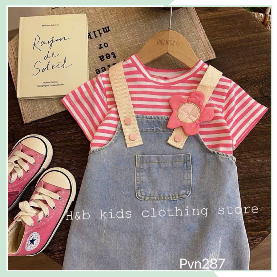 Bộ yếm bò kèm áo kẻ tăm dệt cho bé gái, set bộ mùa hè váy bò hai dây kèm áo cộc tay cổ tròn mùa hè cho bé gái BYBG10