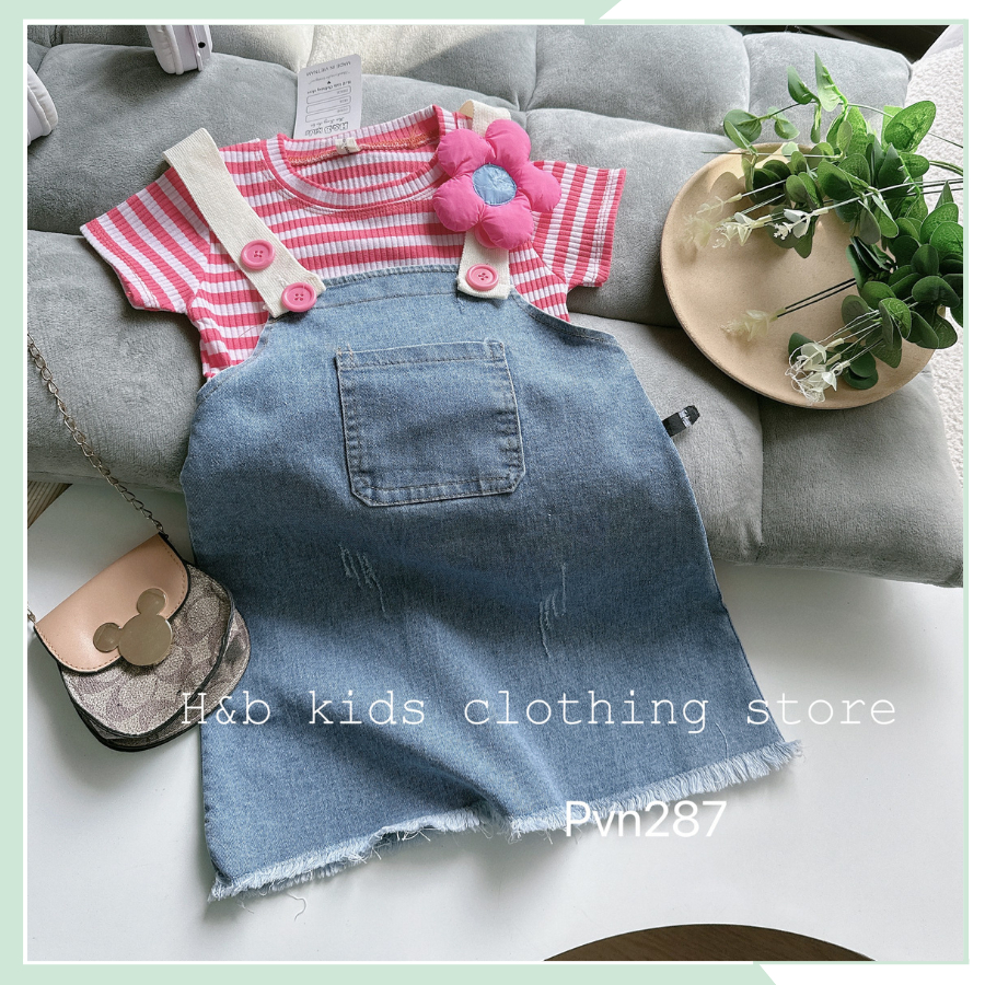 Bộ yếm bò kèm áo kẻ tăm dệt cho bé gái, set bộ mùa hè váy bò hai dây kèm áo cộc tay cổ tròn mùa hè cho bé gái BYBG10