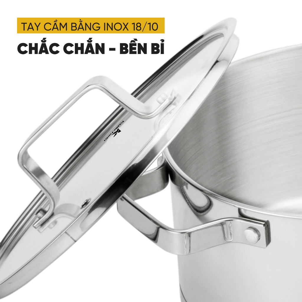 Bộ nồi inox 5 đáy từ KUSCHELN gồm 3 nồi kiểu Đức, inox 304 loại 18/10 nắp kính cao cấp size 16/20/24cm