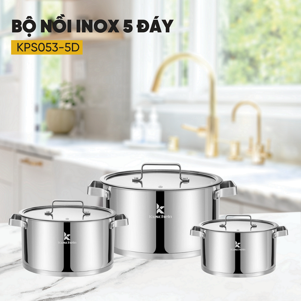 Bộ nồi inox 5 đáy từ KUSCHELN gồm 3 nồi kiểu Đức, inox 304 loại 18/10 nắp kính cao cấp size 16/20/24cm