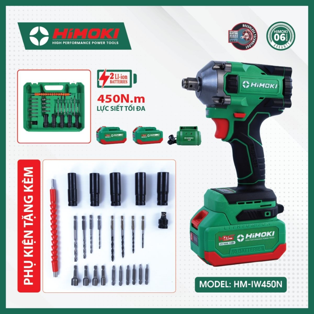 Máy siết bulong Himoki HM-IW450N đầu 2 trong 1 - Siết bulong Lực siết 450Nm bảo hành chính hãng