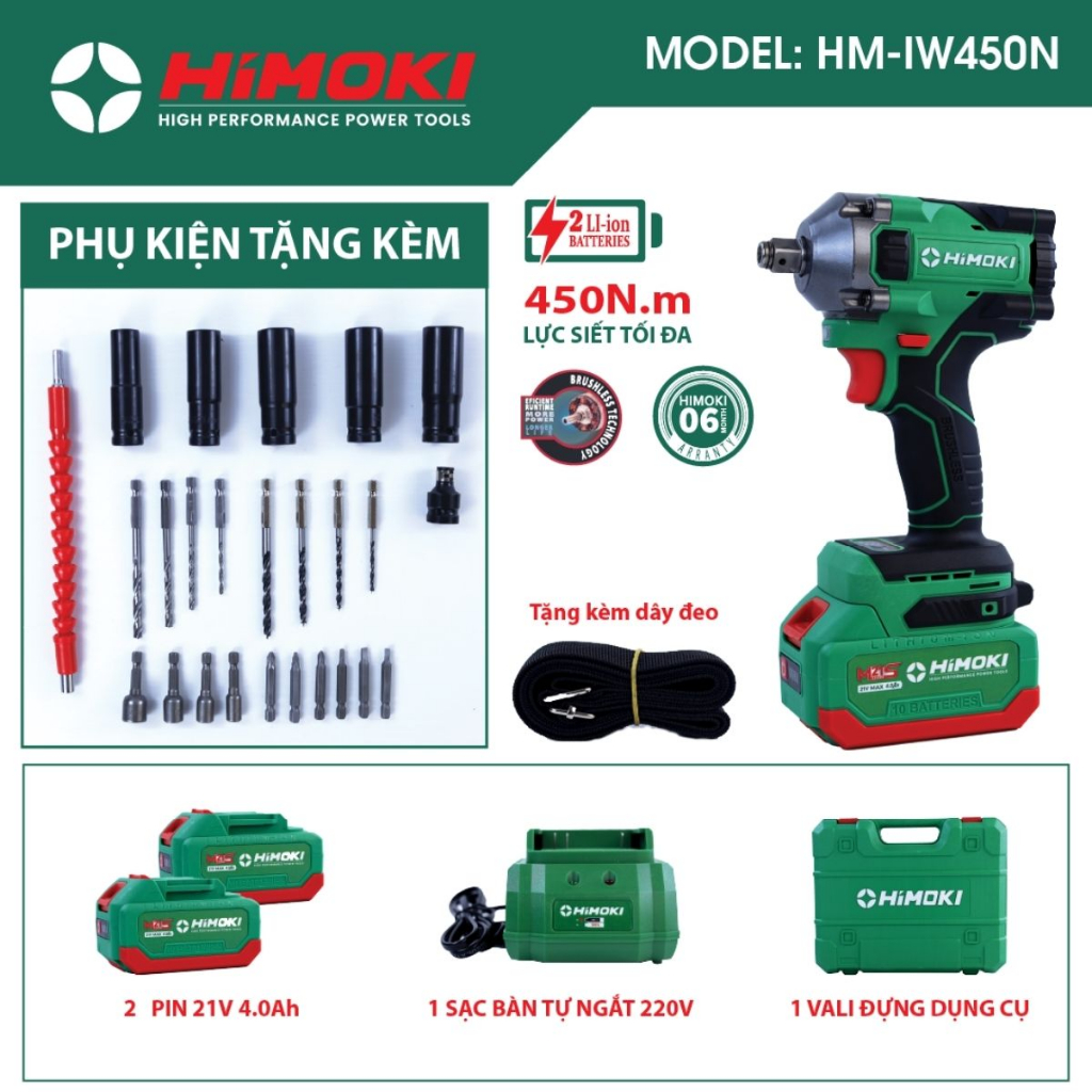 Máy siết bulong Himoki HM-IW450N đầu 2 trong 1 - Siết bulong Lực siết 450Nm bảo hành chính hãng