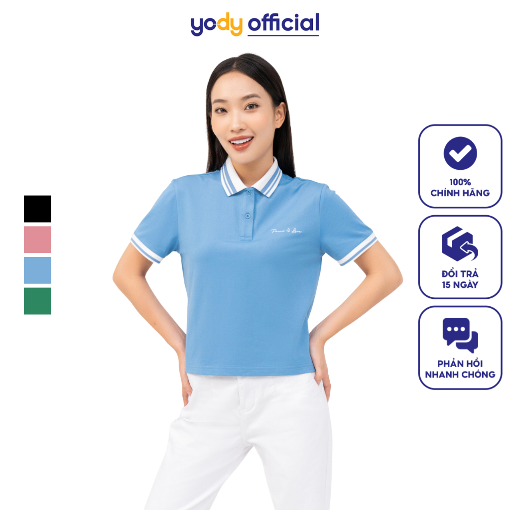 Áo polo nữ YODY áo thun có cổ vải mắt chim dáng croptop thêu chữ trước ngực - APN6142