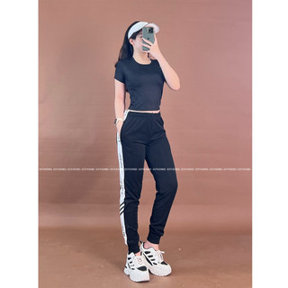 Áo crop trơn , quần jogger chữ dọc anling [hình thật shop chụp] Eothon60