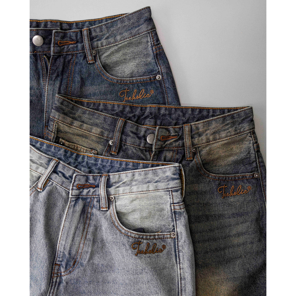 Quần jean unisex nam nữ y2k màu xanh wash trắng xanh vải dày đứng form teeholic