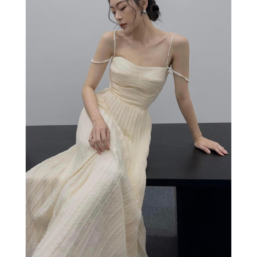 Đầm 2 dây hoa xanh nhíu ngực thắt nơ vai - Váy nữ đi chơi