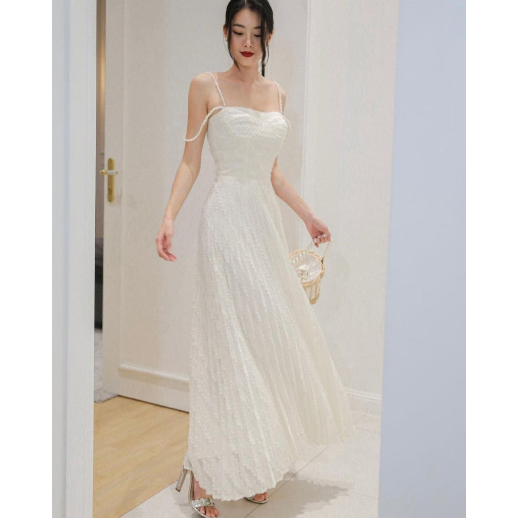 Đầm 2 dây hoa xanh nhíu ngực thắt nơ vai - Váy nữ đi chơi